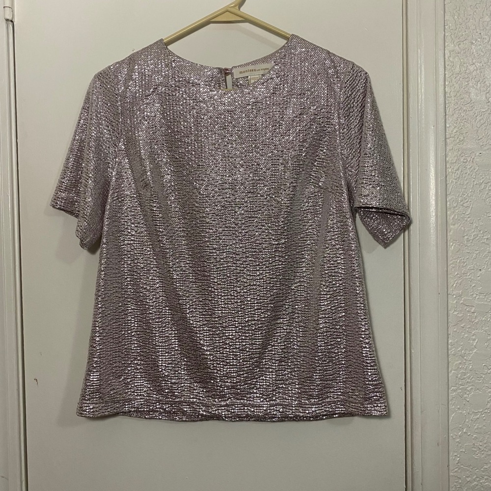 Monteau Los Angeles Metallic Foil Top Short Sleeve Sparkle‎ Party Blouse Holiday